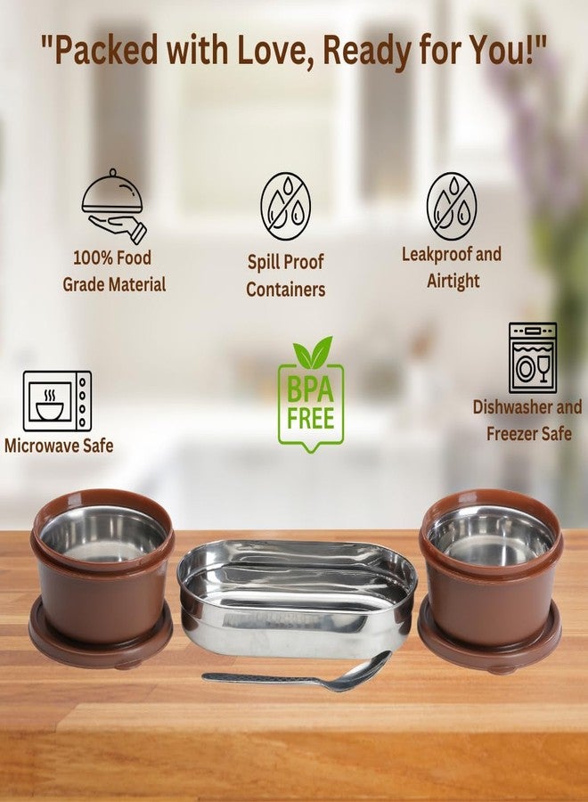 كوي طقم علب غداء KOI TiffinPro المصنوع من الفولاذ المقاوم للصدأ يتضمن حقيبة معزولة، وملعقة فولاذية، وحاويتين مانعتين للتسرب (سعة كل منهما 450 مل) آمنتين للاستخدام في الميكروويف، وحاوية بيضاوية من الفولاذ المقاوم للصدأ (سعة 400 مل)، اللون: بني ممفيس - Image 3